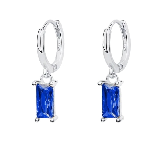Ruby - Silver Hoop Earrings with Deep Blue Rectangular Shape Gemstone