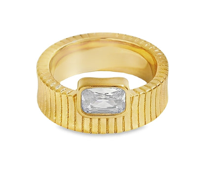 Teall gold ribbed ring with clear geometric stone