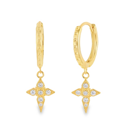 Teall Gold Hoop Earrings with Cross Drop Pendant Detailed with Clear Gemstones l Hypoallergenic