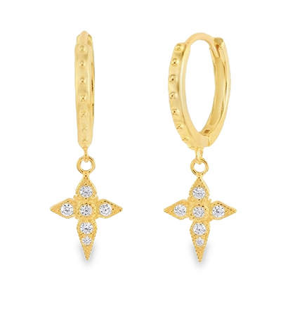 Teall Gold Hoop Earrings with Cross Drop Pendant Detailed with Clear Gemstones l Hypoallergenic