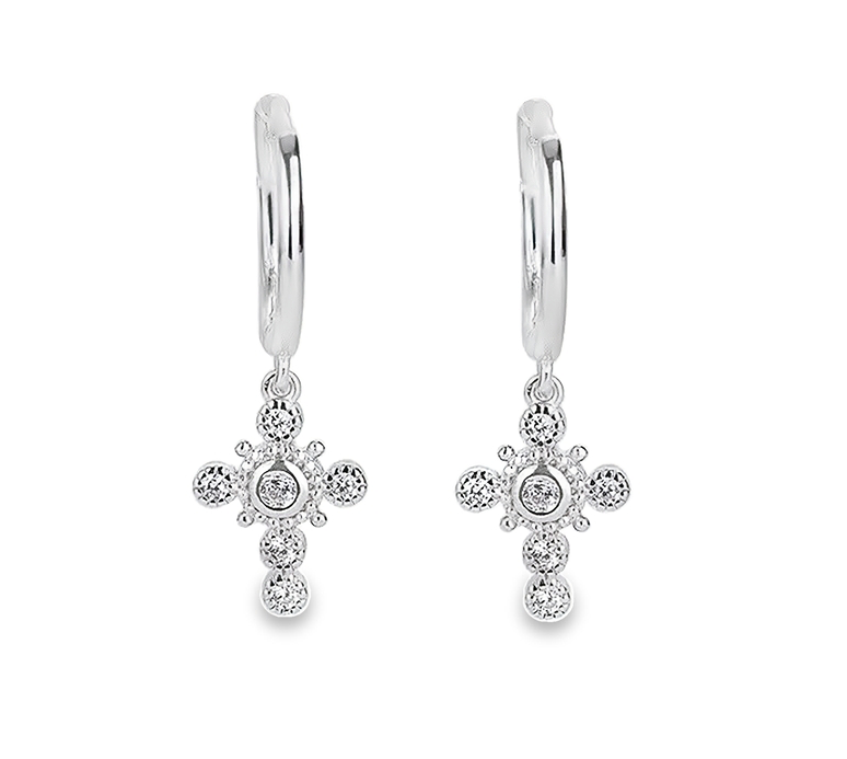 Marcella - Silver Cross Hoop Earrings with Clear Gemstone Detailing