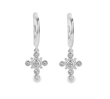 Teall Silver Cross Hoop Earrings with Clear Gemstone Detailing l Hypoallergenic