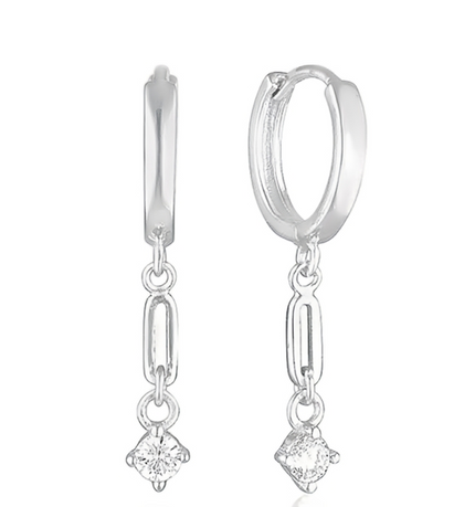 Teall Silver Hoop Earrings with Clear Gemstone Drop Detailing l Hypoallergenic