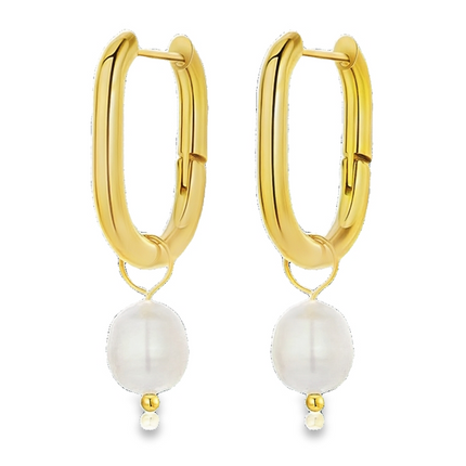 Teall Rectangle Gold Hoop Earrings with White Pearl Drop Detailing l Hypoallergenic