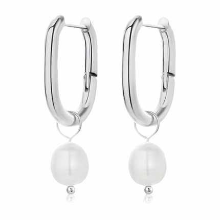 Teall Rectangle Gold Hoop Earrings with White Pearl Drop Detailing l Hypoallergenic