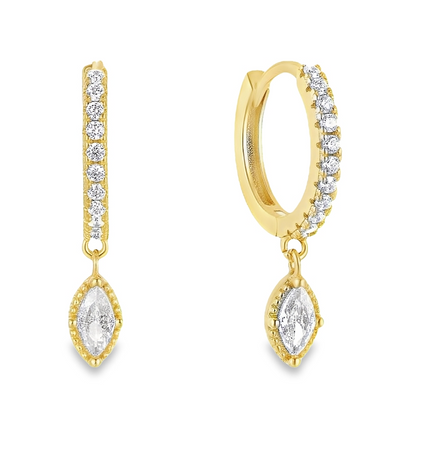 Teall Gold Hoop Earrings with Clear Gemstone Detailing and Tear Drop Pendant l Hypoallergenic