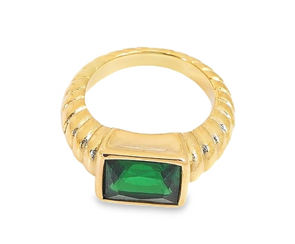 Gold Chunky Signet Ring with Emerald gemstone detailing - waterproof tarnish free - affordable