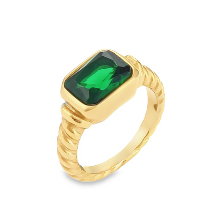 Gold Chunky Signet Ring with Emerald gemstone detailing - waterproof tarnish free - affordable 