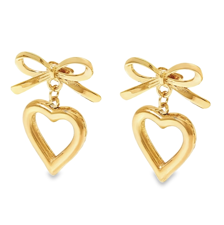 Gold bow stud with heart drop pendant