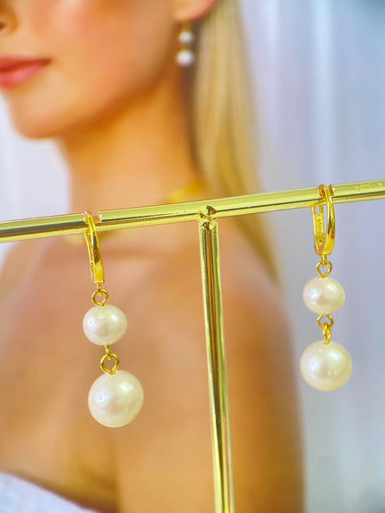 Ariya - Stunning Double Pearl Dangling Gold Earrings