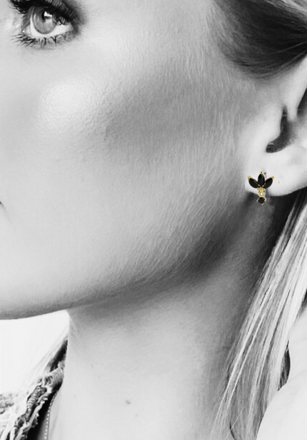 Shelly - Gold or Silver Stud Earrings with Black Clover Gemstone Drop Detailing