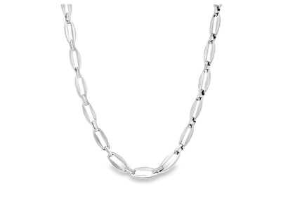 A silver oval-link chain necklace by Teall Jewellery, featuring elongated polished links. Made from waterproof and tarnish-free materials.