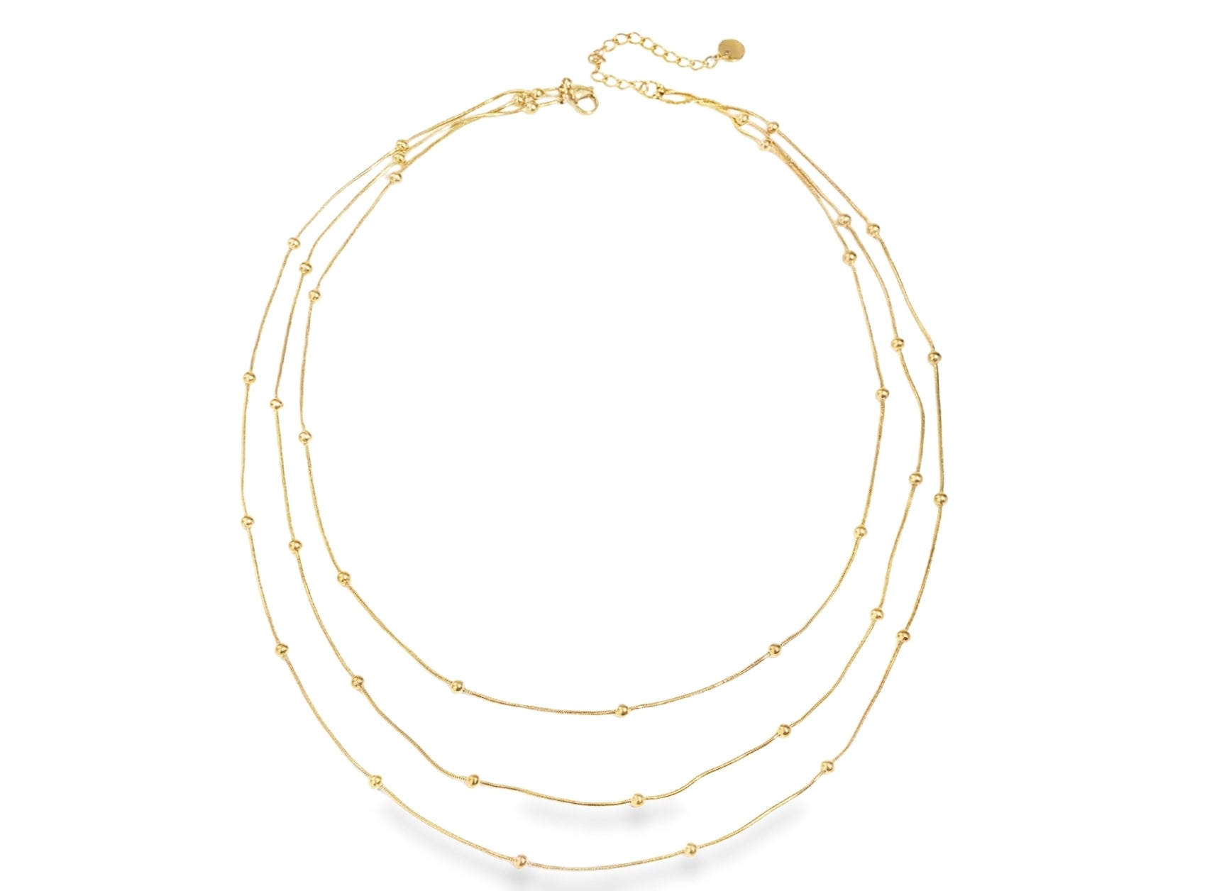 This gold dainty yet durable, the Ball Chain Layered Necklace by Teall Jewellery is designed for effortless styling 