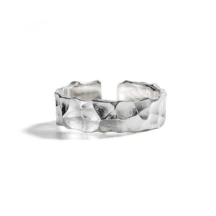 A sterling silver open ring with a textured surface, waterproof and tarnish-free, designed by Teall Jewellery.